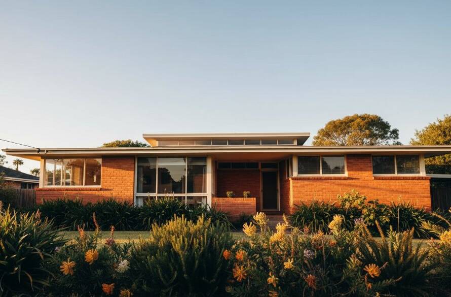 Dramatic, wide-angle photograph showcasing a beautifully preserved mid-century modern home in Hughesdale at sunset, golden light illuminating its clean lines and unique brickwork, perfectly capturing Hughesdale's mid-century modern architecture.