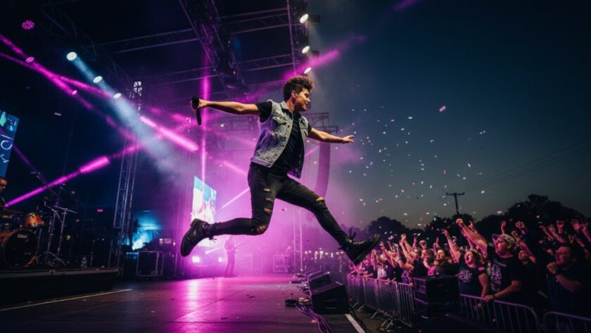 A dynamic, wide-angle shot of a lead guitarist mid-shred at an outdoor Irymple music festival, bathed in dramatic stage lights, perfectly encapsulating the raw emotion and energy of capturing Irymple live music energy Victoria.