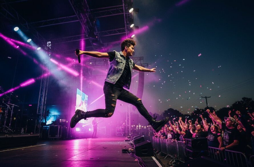 A dynamic, wide-angle shot of a lead guitarist mid-shred at an outdoor Irymple music festival, bathed in dramatic stage lights, perfectly encapsulating the raw emotion and energy of capturing Irymple live music energy Victoria.