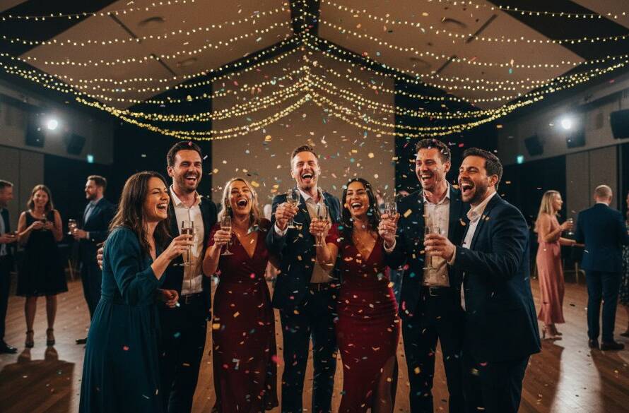 Dynamic wide shot of guests actively engaged in joyful dancing at a vibrant evening party in a Murrumbeena community hall, with the focus on the main celebrant laughing amidst friends, expertly composed for 'Capturing joy Murrumbeena celebration photography'.