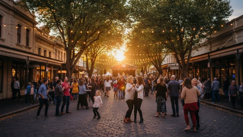 Dynamic wide shot of a community festival in Bacchus Marsh, Victoria, with diverse people laughing and dancing under string lights at dusk, demonstrating 'Capturing joyful Bacchus Marsh events with professional photography'. The image is a professional, colour-graded, cinematic shot focusing on genuine happiness and the lively atmosphere.