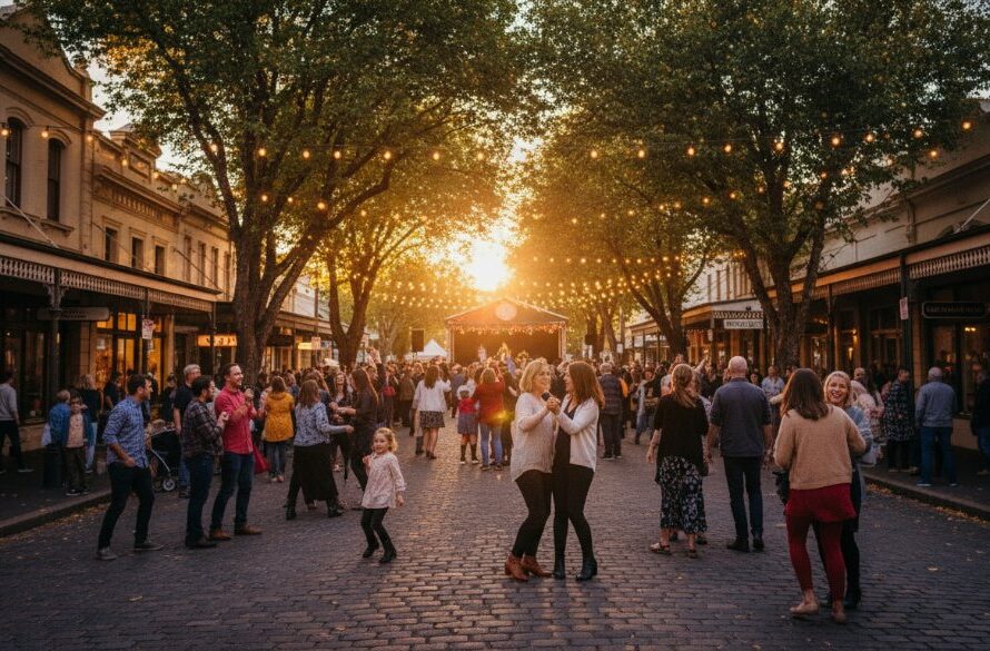 Dynamic wide shot of a community festival in Bacchus Marsh, Victoria, with diverse people laughing and dancing under string lights at dusk, demonstrating 'Capturing joyful Bacchus Marsh events with professional photography'. The image is a professional, colour-graded, cinematic shot focusing on genuine happiness and the lively atmosphere.