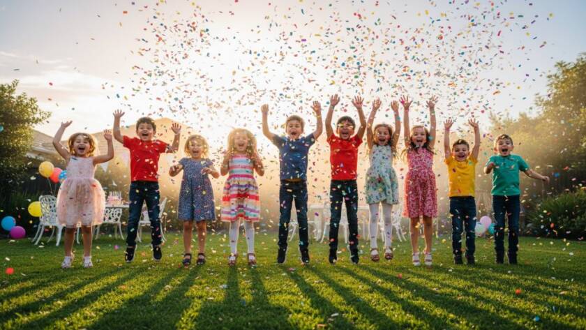 An epic moment of pure joy, showing a group of children laughing exuberantly as confetti falls around them at a vibrant outdoor birthday celebration in Croydon North, expertly captured with professional lighting, representing the essence of joyful Croydon North kids party photography.
