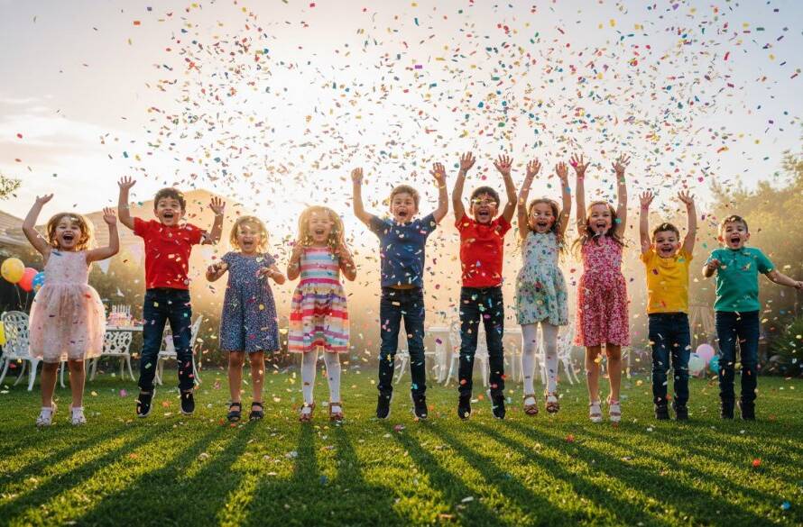 An epic moment of pure joy, showing a group of children laughing exuberantly as confetti falls around them at a vibrant outdoor birthday celebration in Croydon North, expertly captured with professional lighting, representing the essence of joyful Croydon North kids party photography.