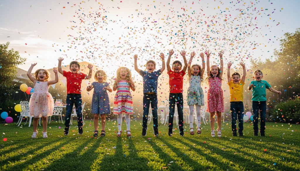 An epic moment of pure joy, showing a group of children laughing exuberantly as confetti falls around them at a vibrant outdoor birthday celebration in Croydon North, expertly captured with professional lighting, representing the essence of joyful Croydon North kids party photography.