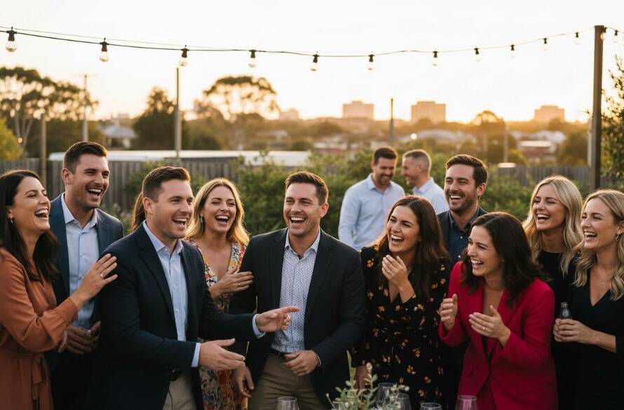 An emotional, candid, wide-angle shot of a diverse group of people laughing heartily and raising glasses in celebration at a vibrant outdoor evening event in Bayswater, Victoria, bathed in warm, professional lighting. This image exemplifies capturing joyful event photography Bayswater VIC.