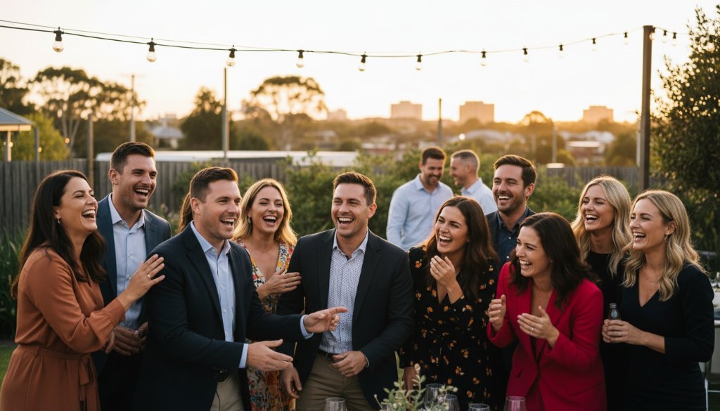 An emotional, candid, wide-angle shot of a diverse group of people laughing heartily and raising glasses in celebration at a vibrant outdoor evening event in Bayswater, Victoria, bathed in warm, professional lighting. This image exemplifies capturing joyful event photography Bayswater VIC.