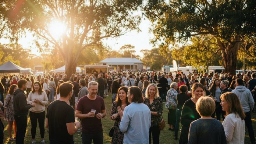 Capturing Joyful Events Point Cook Photography: A wide shot of guests laughing and celebrating at a beautifully decorated outdoor event in Point Cook, with the historic Point Cook Homestead visible in the soft evening light, showing a genuinely happy, candid moment.