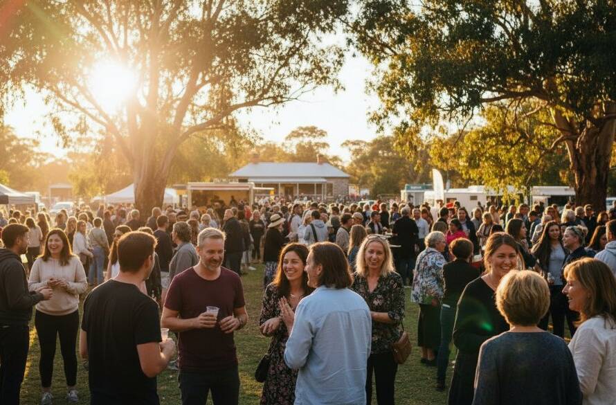 Capturing Joyful Events Point Cook Photography: A wide shot of guests laughing and celebrating at a beautifully decorated outdoor event in Point Cook, with the historic Point Cook Homestead visible in the soft evening light, showing a genuinely happy, candid moment.