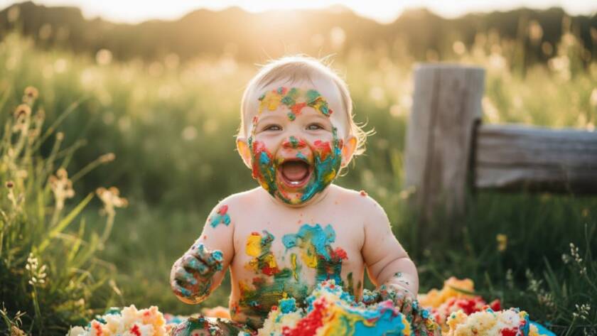 An epic moment photograph of a baby joyfully smashing a colourful cake during a first birthday photoshoot, set against a soft, natural backdrop evoking Seabrook, Victoria, with dramatic natural light highlighting the baby's ecstatic expression and the messy cake, creating a vibrant, cinematic 'Capturing Joyful First Birthday Cake Smash Seabrook Victoria' memory.