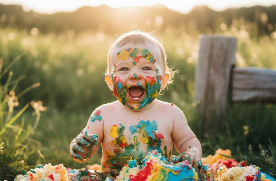 An epic moment photograph of a baby joyfully smashing a colourful cake during a first birthday photoshoot, set against a soft, natural backdrop evoking Seabrook, Victoria, with dramatic natural light highlighting the baby's ecstatic expression and the messy cake, creating a vibrant, cinematic 'Capturing Joyful First Birthday Cake Smash Seabrook Victoria' memory.