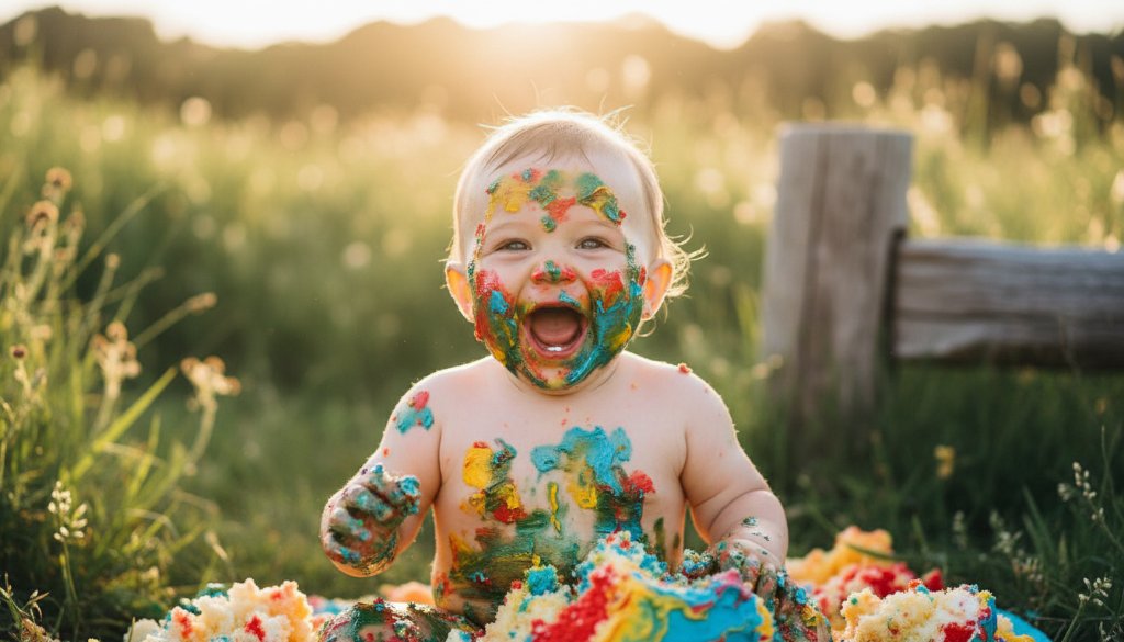 An epic moment photograph of a baby joyfully smashing a colourful cake during a first birthday photoshoot, set against a soft, natural backdrop evoking Seabrook, Victoria, with dramatic natural light highlighting the baby's ecstatic expression and the messy cake, creating a vibrant, cinematic 'Capturing Joyful First Birthday Cake Smash Seabrook Victoria' memory.