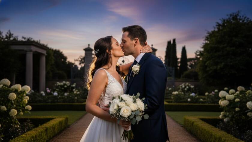 An ecstatic bride and groom share a passionate kiss under a dramatic twilight sky at a picturesque Glen Waverley wedding venue, perfectly capturing joyful Glen Waverley wedding moments.
