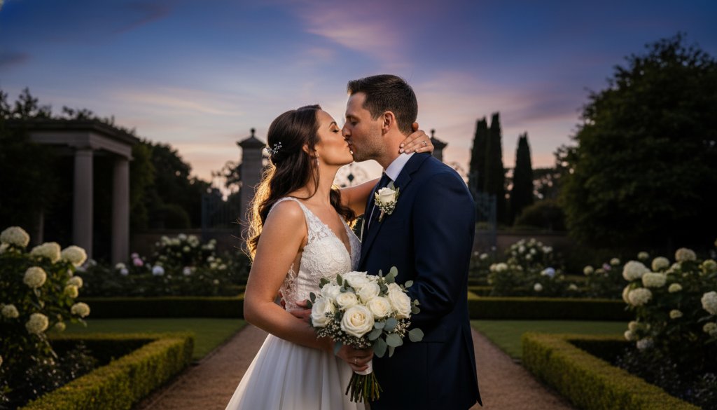An ecstatic bride and groom share a passionate kiss under a dramatic twilight sky at a picturesque Glen Waverley wedding venue, perfectly capturing joyful Glen Waverley wedding moments.