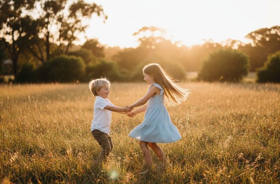 A vibrant, professionally colour-graded photograph Capturing joyful kids photography Balwyn North: a child laughing mid-air on a swing, silhouetted against a golden sunset in a Balwyn North park, dramatic lens flare, epic moment.