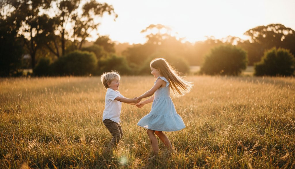A vibrant, professionally colour-graded photograph Capturing joyful kids photography Balwyn North: a child laughing mid-air on a swing, silhouetted against a golden sunset in a Balwyn North park, dramatic lens flare, epic moment.