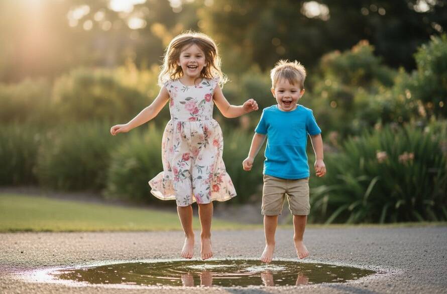A heartwarming, professionally colour-graded photograph depicting an epic moment of two siblings laughing joyfully while running through a sun-drenched park in Eumemmerring, captured during a candid kids photography session in Eumemmerring.