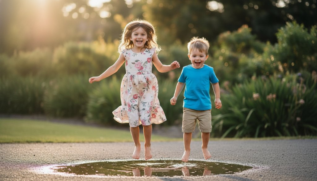 A heartwarming, professionally colour-graded photograph depicting an epic moment of two siblings laughing joyfully while running through a sun-drenched park in Eumemmerring, captured during a candid kids photography session in Eumemmerring.