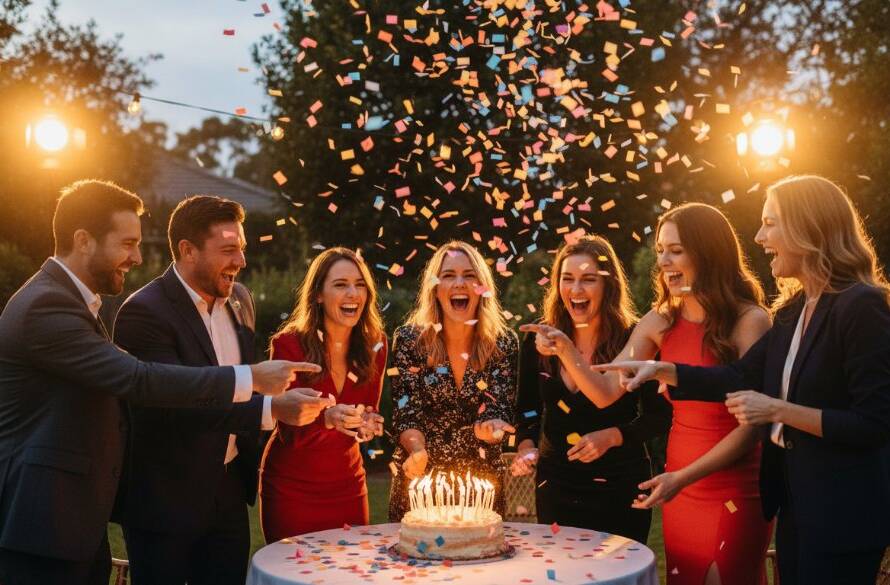 A vibrant, candid photograph capturing joyful party moments in Croydon South, featuring guests laughing and dancing under string lights, with professional cinematic lighting highlighting their expressions and the lively atmosphere.