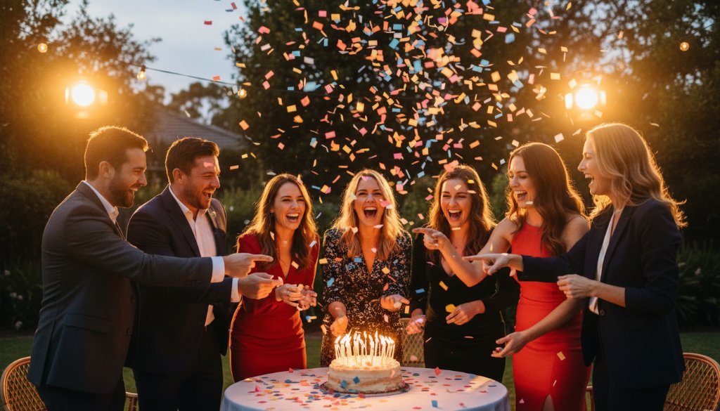 A vibrant, candid photograph capturing joyful party moments in Croydon South, featuring guests laughing and dancing under string lights, with professional cinematic lighting highlighting their expressions and the lively atmosphere.