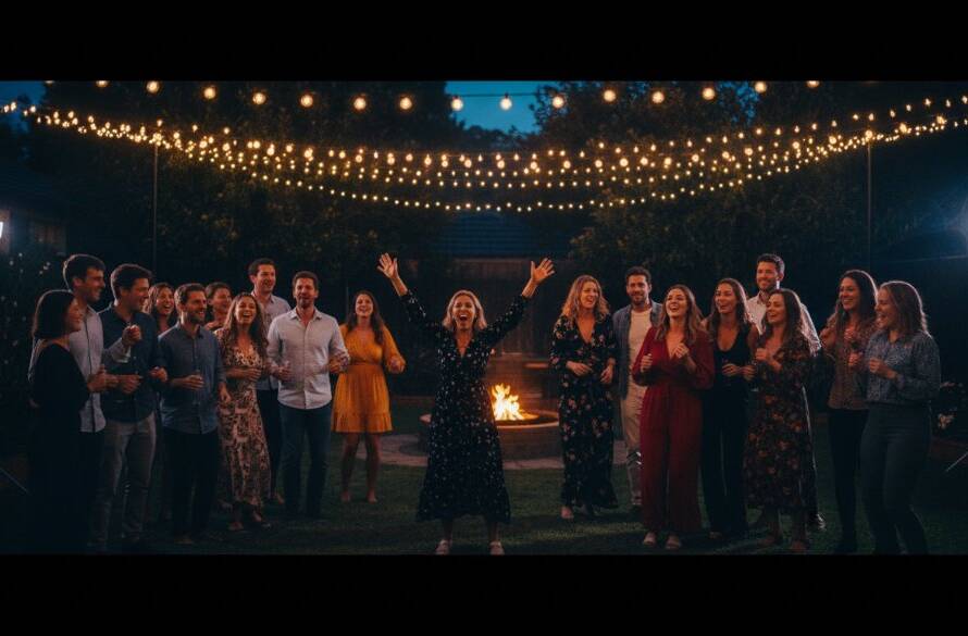 An energetic wide shot of friends laughing and dancing under vibrant string lights at an outdoor evening party in a Croydon South backyard, professionally lit with warm glows, perfectly capturing joyful party photography Croydon South Victoria.