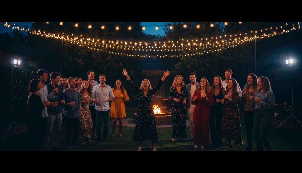 An energetic wide shot of friends laughing and dancing under vibrant string lights at an outdoor evening party in a Croydon South backyard, professionally lit with warm glows, perfectly capturing joyful party photography Croydon South Victoria.