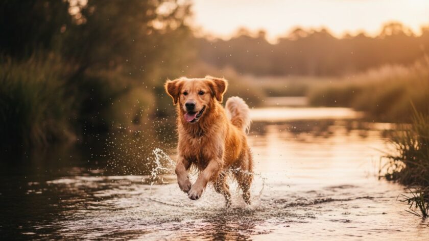 An epic moment capturing joyful pet moments Cobram Victoria: A golden retriever joyfully leaps through the golden light of sunset at Quinn Island, its fur glistening, with a blurred backdrop of the Murray River, embodying pure canine happiness and professional photography artistry.