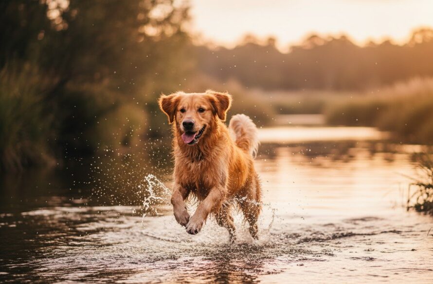 An epic moment capturing joyful pet moments Cobram Victoria: A golden retriever joyfully leaps through the golden light of sunset at Quinn Island, its fur glistening, with a blurred backdrop of the Murray River, embodying pure canine happiness and professional photography artistry.