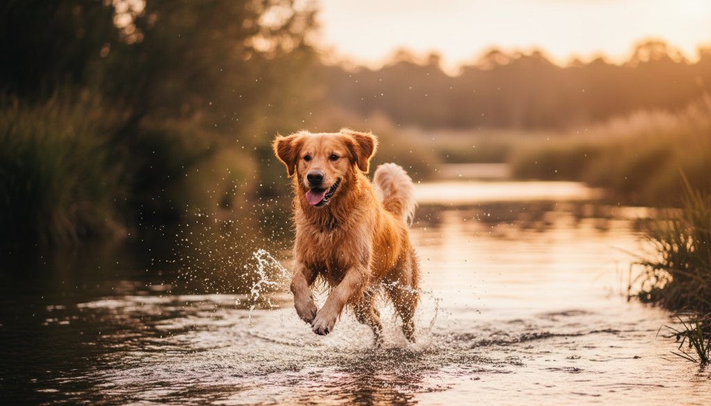 An epic moment capturing joyful pet moments Cobram Victoria: A golden retriever joyfully leaps through the golden light of sunset at Quinn Island, its fur glistening, with a blurred backdrop of the Murray River, embodying pure canine happiness and professional photography artistry.