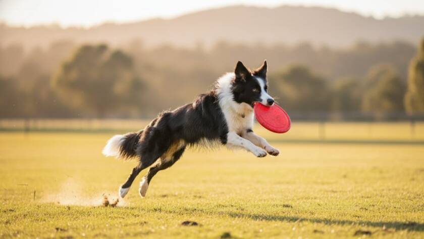 Dynamic wide-angle shot capturing joyful pet moments Rowville: A golden retriever mid-leap in Llewellyn Park, a tennis ball perfectly framed, dramatic golden hour light, blurred Rowville bushland in the background, showcasing pure canine joy and agility.