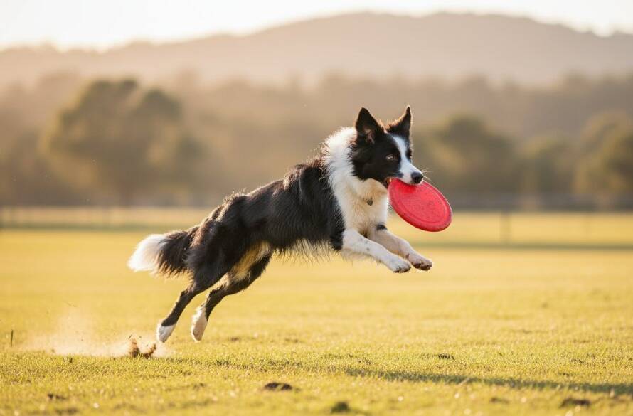 Dynamic wide-angle shot capturing joyful pet moments Rowville: A golden retriever mid-leap in Llewellyn Park, a tennis ball perfectly framed, dramatic golden hour light, blurred Rowville bushland in the background, showcasing pure canine joy and agility.