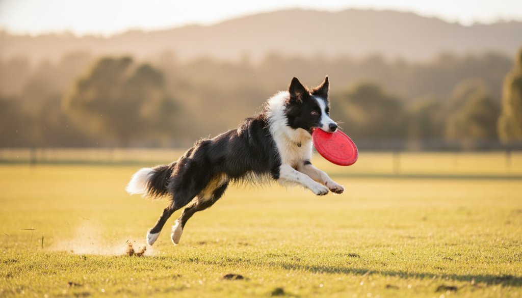 Dynamic wide-angle shot capturing joyful pet moments Rowville: A golden retriever mid-leap in Llewellyn Park, a tennis ball perfectly framed, dramatic golden hour light, blurred Rowville bushland in the background, showcasing pure canine joy and agility.