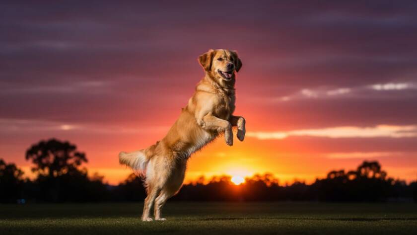 An epic moment capturing joyful pet photography Keysborough Victoria, featuring a golden retriever mid-leap, silhouetted against a dramatic sunset at Tatterson Park, its fur glowing, joy evident.