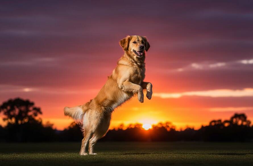 An epic moment capturing joyful pet photography Keysborough Victoria, featuring a golden retriever mid-leap, silhouetted against a dramatic sunset at Tatterson Park, its fur glowing, joy evident.