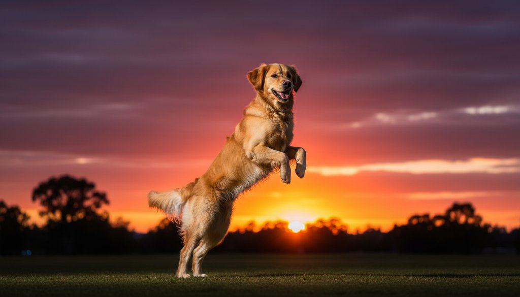 An epic moment capturing joyful pet photography Keysborough Victoria, featuring a golden retriever mid-leap, silhouetted against a dramatic sunset at Tatterson Park, its fur glowing, joy evident.