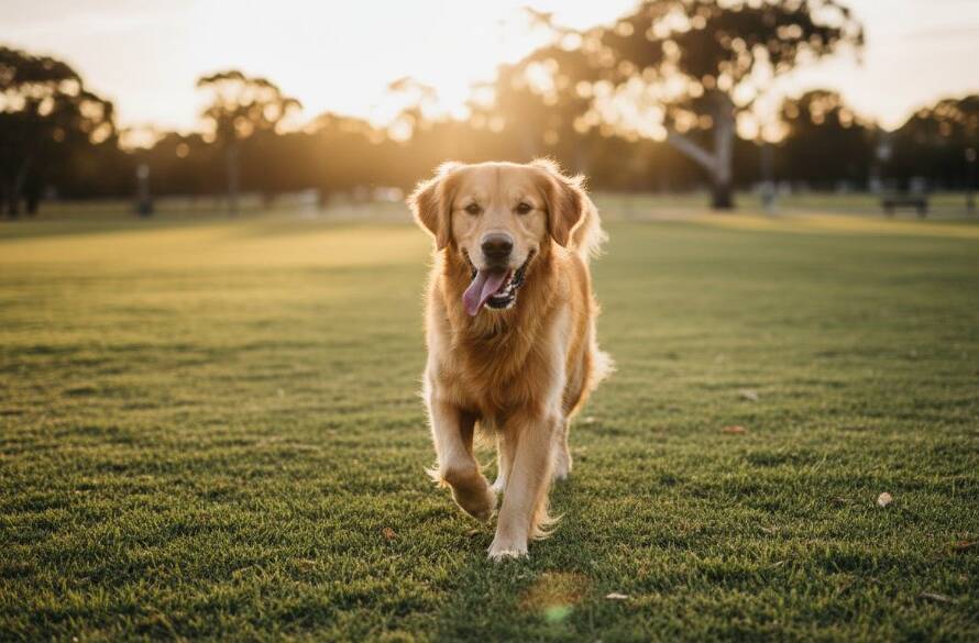 An energetic golden retriever mid-leap, fetching a frisbee at sunset in a wide-open park in Melton South, embodying joyful pet photography Melton South with dramatic golden light and a professional, cinematic feel.