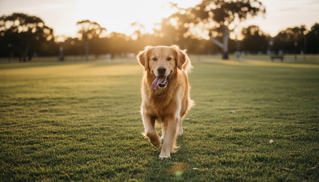An energetic golden retriever mid-leap, fetching a frisbee at sunset in a wide-open park in Melton South, embodying joyful pet photography Melton South with dramatic golden light and a professional, cinematic feel.