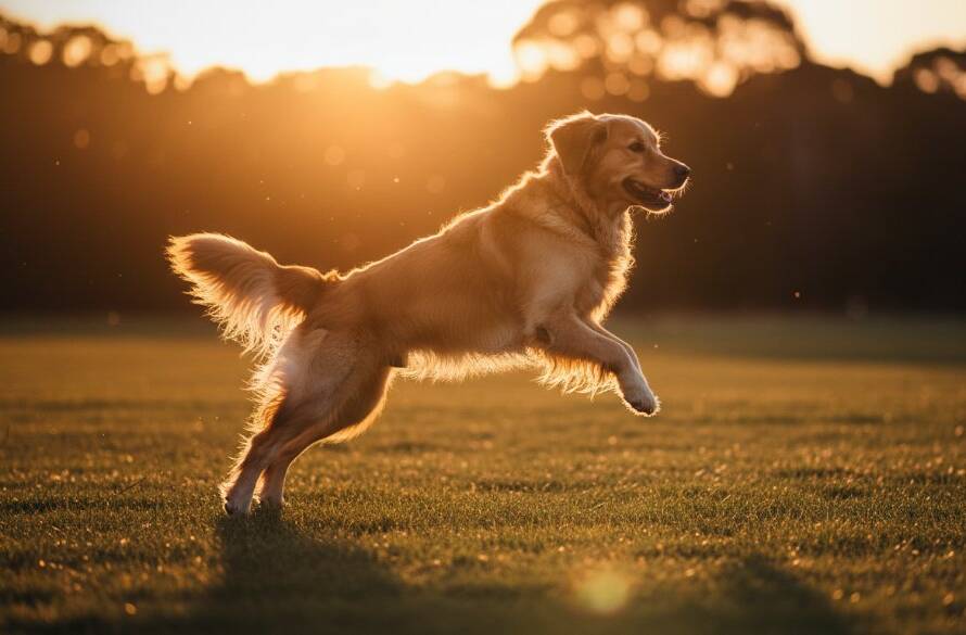 A heartwarming, dramatic low-angle shot of a golden retriever happily leaping through golden light in a Mulgrave park, showing its pure joy during a 'Capturing joyful pet photography Mulgrave Victoria' session.