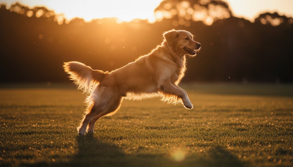 A heartwarming, dramatic low-angle shot of a golden retriever happily leaping through golden light in a Mulgrave park, showing its pure joy during a 'Capturing joyful pet photography Mulgrave Victoria' session.