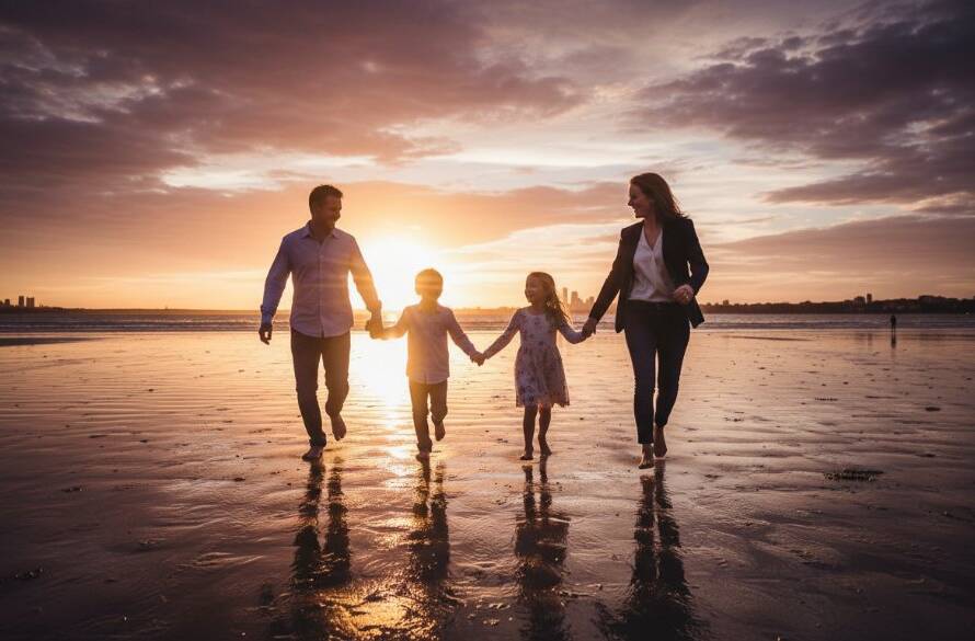 An epic moment of a family joyfully running along Sandringham Beach at sunset, with the golden hour light silhouetting them against the shimmering water, perfectly illustrating Capturing Joyful Sandringham Family Photography Moments.