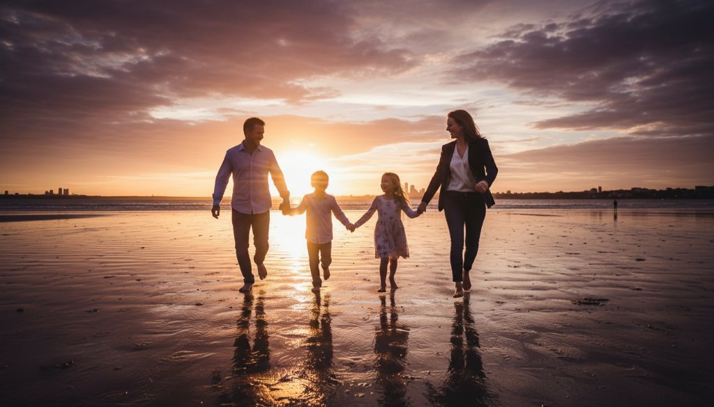 An epic moment of a family joyfully running along Sandringham Beach at sunset, with the golden hour light silhouetting them against the shimmering water, perfectly illustrating Capturing Joyful Sandringham Family Photography Moments.