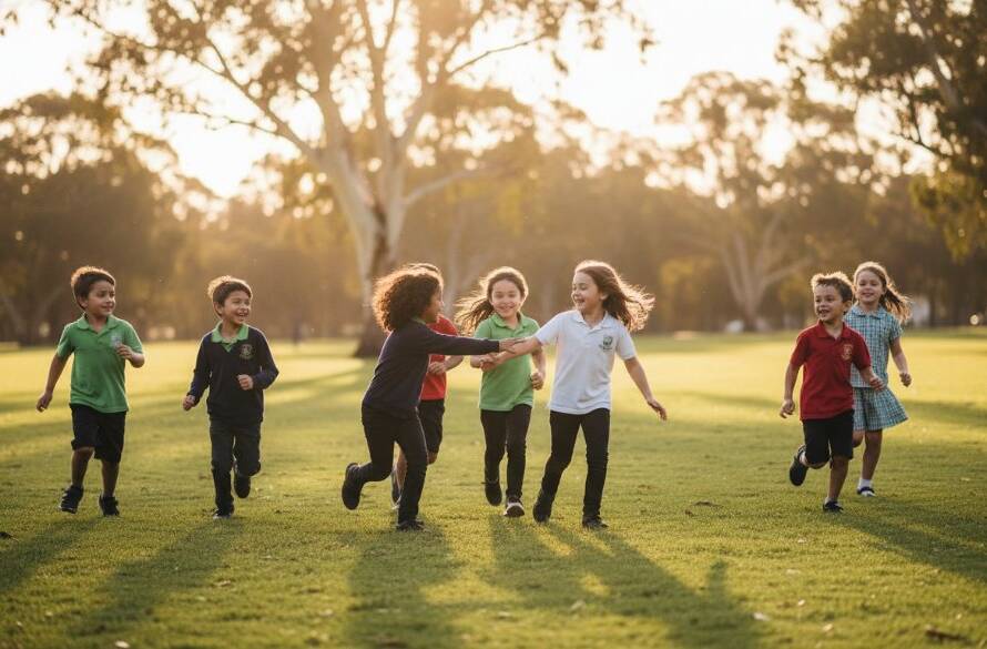A heartwarming, sun-drenched photograph capturing joyful school portraits Kings Park Victoria, featuring a group of diverse primary school children laughing and interacting naturally in a vibrant outdoor schoolyard setting, with the Kings Park landscape subtly in the background, professional lighting, cinematic style.