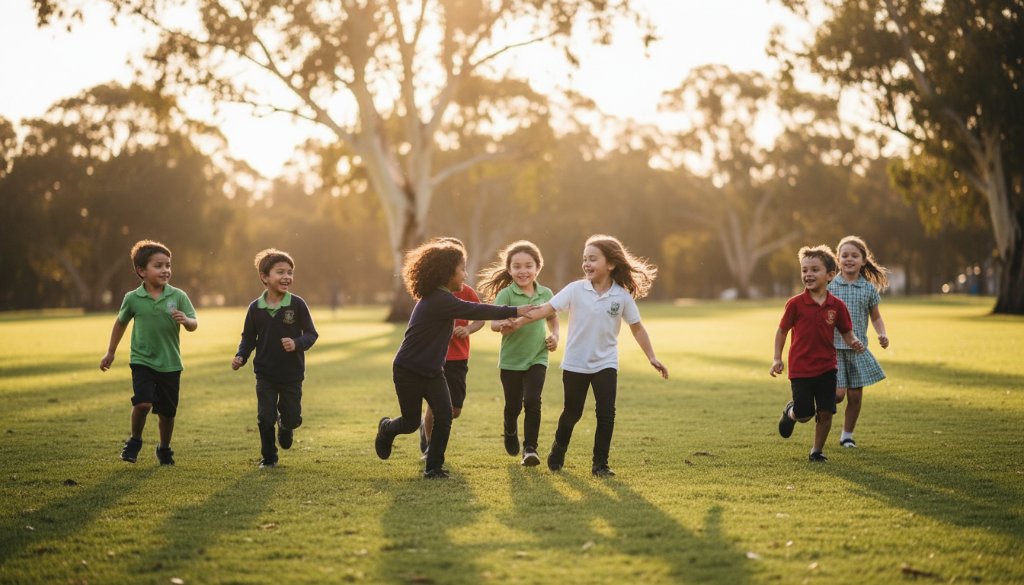 A heartwarming, sun-drenched photograph capturing joyful school portraits Kings Park Victoria, featuring a group of diverse primary school children laughing and interacting naturally in a vibrant outdoor schoolyard setting, with the Kings Park landscape subtly in the background, professional lighting, cinematic style.