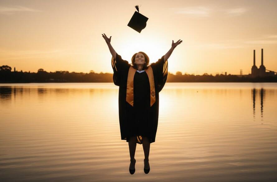 A jubilant graduate in Newport, Victoria, tossing their cap in the air against a vibrant golden hour sunset backdrop near the Newport Lakes, symbolizing the successful achievement of Capturing Joyful University Graduation Photos Newport VIC.