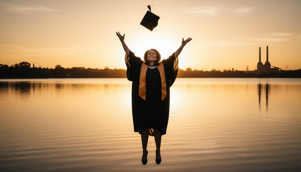 A jubilant graduate in Newport, Victoria, tossing their cap in the air against a vibrant golden hour sunset backdrop near the Newport Lakes, symbolizing the successful achievement of Capturing Joyful University Graduation Photos Newport VIC.