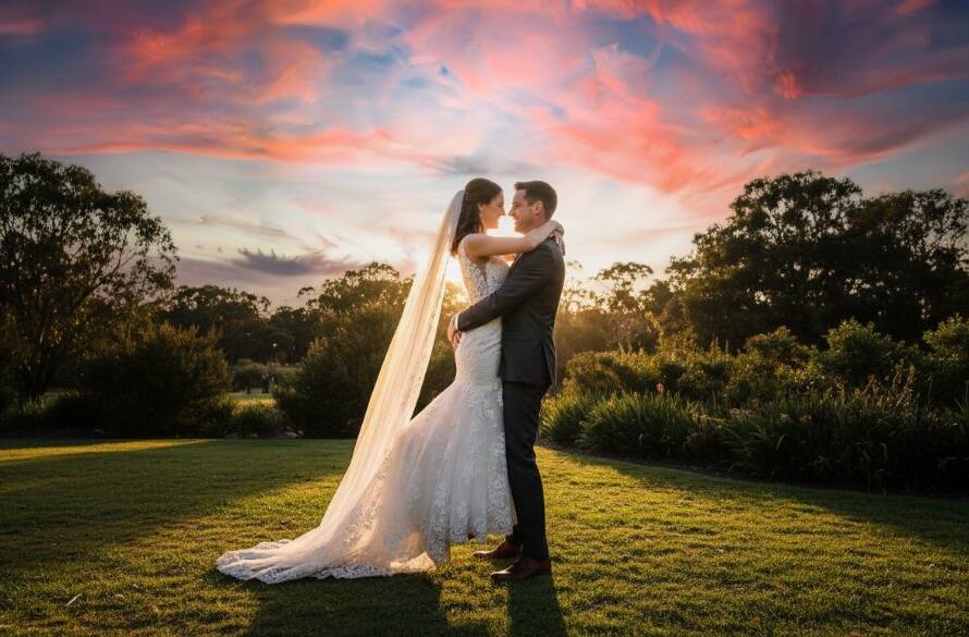 An emotional wide shot of a newlywed couple sharing a joyful embrace at sunset in a scenic Wantirna South park, perfectly Capturing Joyful Wantirna South Wedding Moments with dramatic golden hour light.
