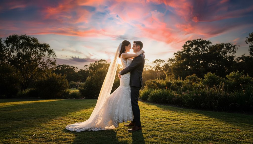 An emotional wide shot of a newlywed couple sharing a joyful embrace at sunset in a scenic Wantirna South park, perfectly Capturing Joyful Wantirna South Wedding Moments with dramatic golden hour light.