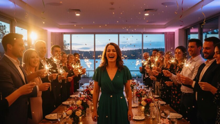 An 'epic moment' photograph capturing joyful Wendouree party moments, featuring a group of friends laughing and cheering under sparkling fairy lights at a local Wendouree venue, with vibrant colours and dynamic movement.