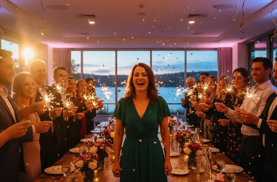An 'epic moment' photograph capturing joyful Wendouree party moments, featuring a group of friends laughing and cheering under sparkling fairy lights at a local Wendouree venue, with vibrant colours and dynamic movement.