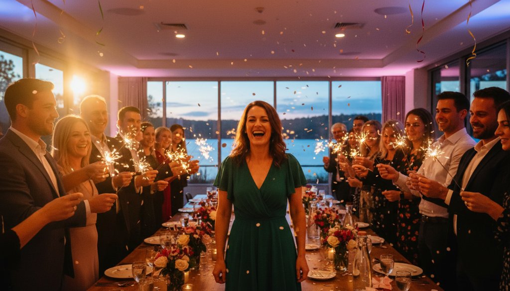 An 'epic moment' photograph capturing joyful Wendouree party moments, featuring a group of friends laughing and cheering under sparkling fairy lights at a local Wendouree venue, with vibrant colours and dynamic movement.